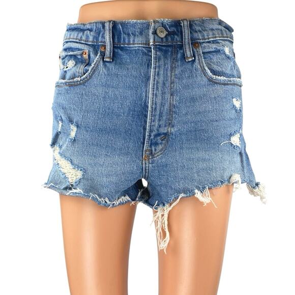 Abercrombie & Fitch Blue Frayed Distressed High Rise Denim Jeans Mom Shorts Sz 4 - Picture 1 of 5